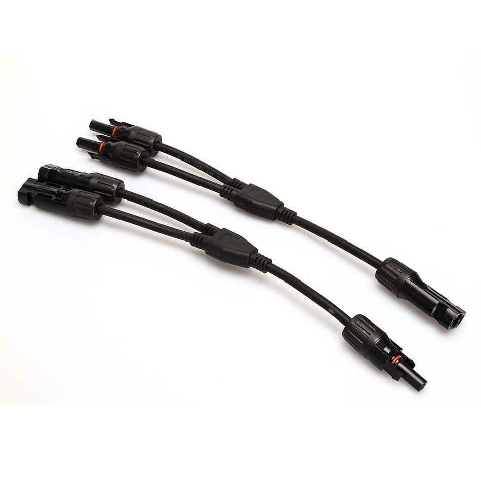 Alternate overhead view of the PV solar Y-splitter cables arranged flat on a white background