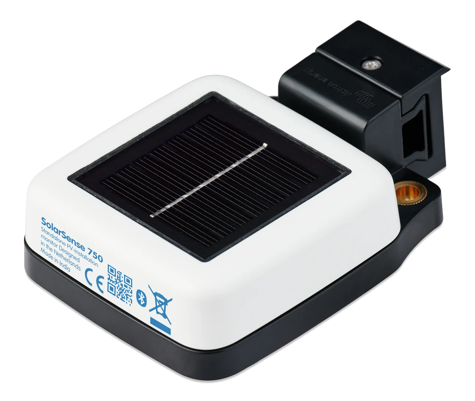 Top-left perspective of solar monitor with brass-lined mounting point