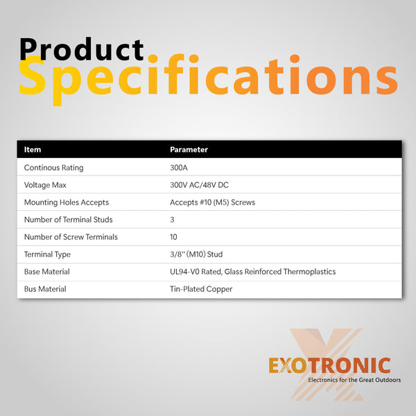 Product specifications table for Exotronic 300A busbar listing voltage and current ratings