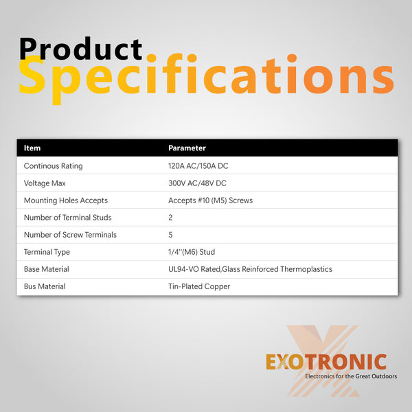 Product specifications table listing ratings, materials and terminal types for Exotronic busbar