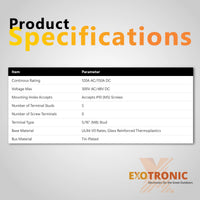 Technical specifications table for 150A M8 Stud Busbar including voltage and ratings