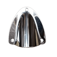 Top-down view of polished stainless steel clamshell cable entry cover with three mounting holes