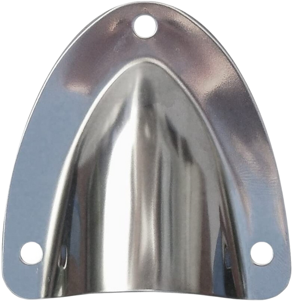 Top-down view of a stainless steel clamshell cable entry cover showing hole placement