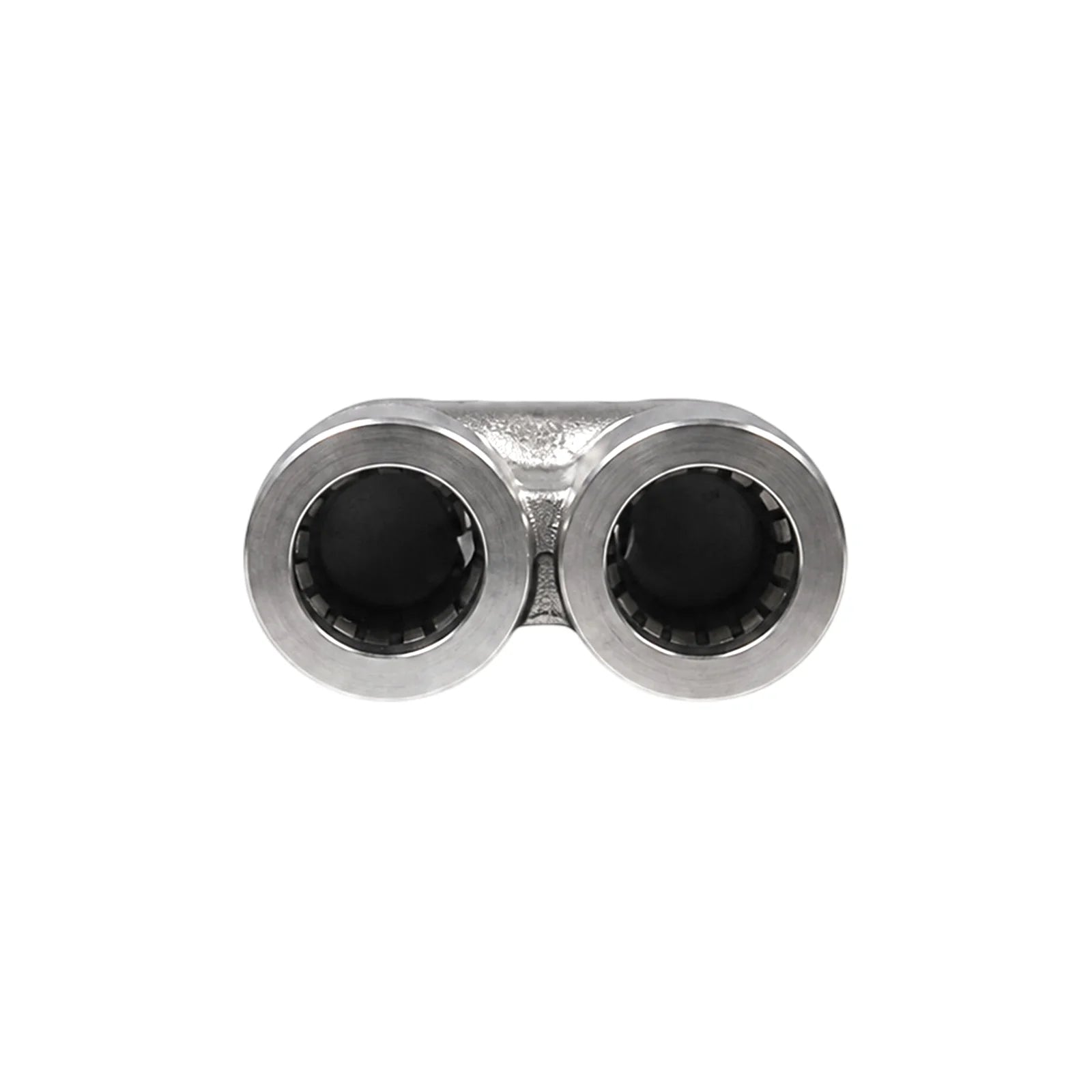 Top view of two 10mm push-in ports on a stainless steel Y-connector
