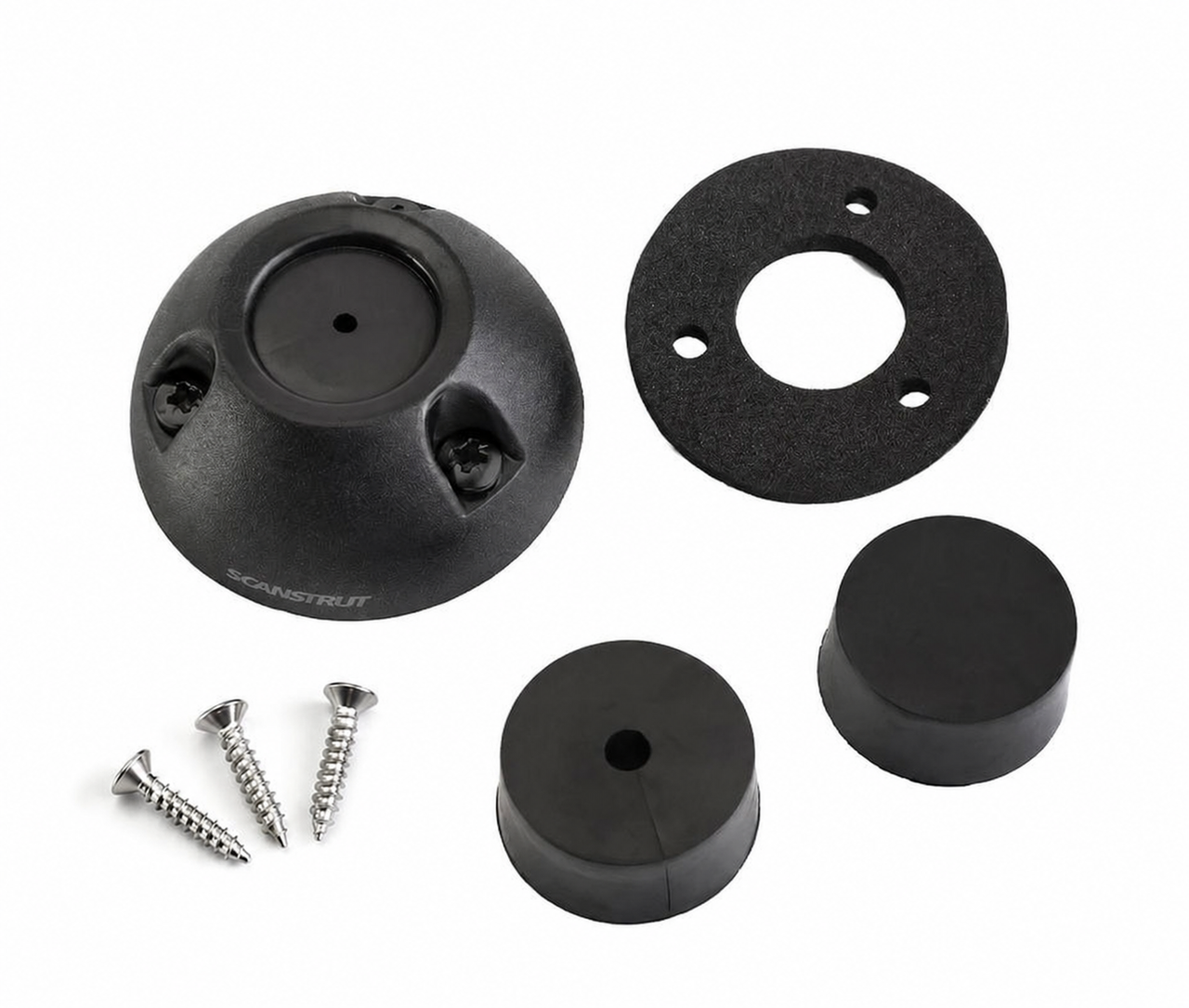 Components of black cable seal including dome housing, gasket, split bungs and stainless steel screws
