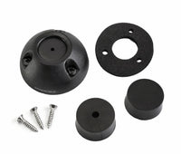 Components of black cable seal including dome housing, gasket, split bungs and stainless steel screws