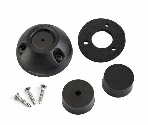 Components of black cable seal including dome housing, gasket, split bungs and stainless steel screws