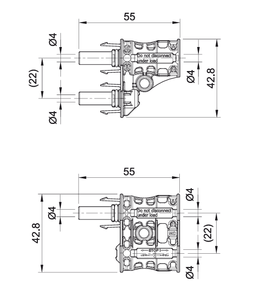 Technical dimensional drawing of MC4 Evo 2 branch connector showing 55mm width and 42.8mm height spacing
