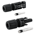 Stäubli MC4 connector pair showing male and female housings with metal crimp terminals
