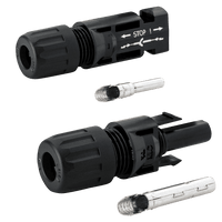 Stäubli MC4 connector pair showing male and female housings with metal crimp terminals