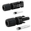 Stäubli MC4 connector pair showing male and female housings with metal crimp terminals