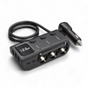 Studio shot of car adaptor showing digital display reading 12.6v and cable layout