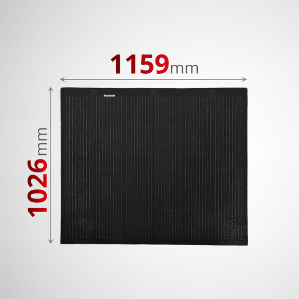 Front view of solar panel with dimension lines indicating 1159mm by 1026mm