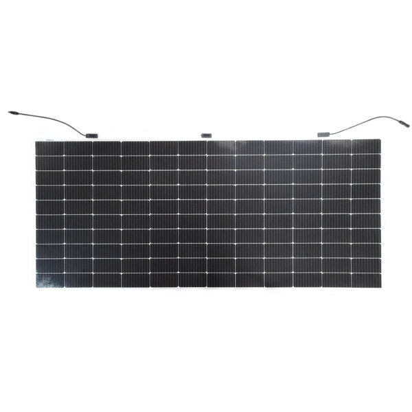 Front view of Sunman eArc 430W flexible solar panel with visible solar cells and triple junction boxes