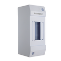 Angled view of a white Exotronic 2-module surface mount DIN rail enclosure