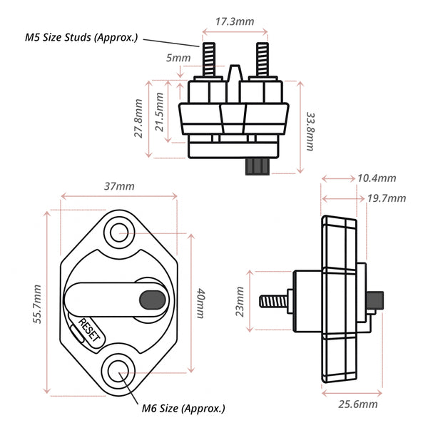 Technical dimensional diagram of Exotronic E66 circuit breaker showing height, width and stud spacing in millimeters