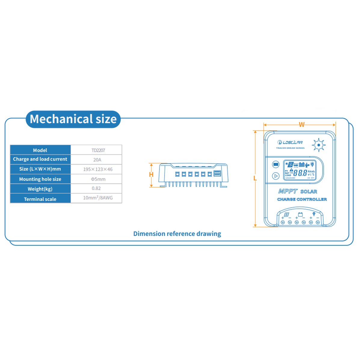 Technical drawing and dimensions table for the Exotronic TD2207 solar controller