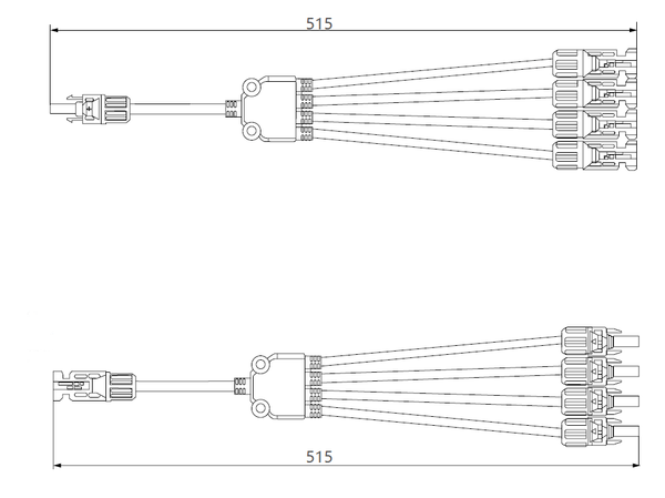 Technical dimensional drawing of 4-to-1 solar branch connector showing 515mm length