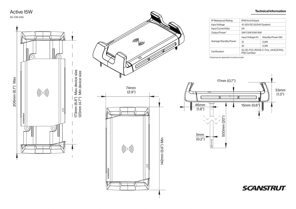Technical drawing showing dimensions and IPX6 rating for wireless charger