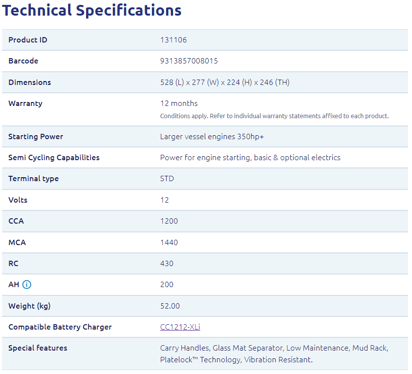Technical specifications table listing voltage, CCA, dimensions and warranty details