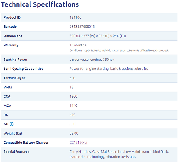 Technical specifications table listing voltage, CCA, dimensions and warranty details