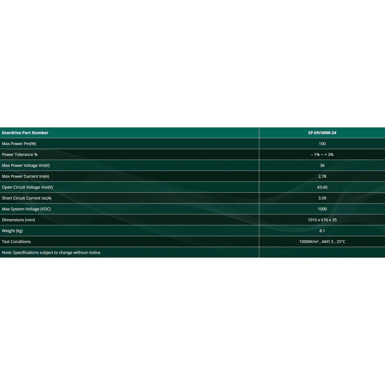 Technical specifications table for Enerdrive SP-EN100W-24V including power voltage and dimensions