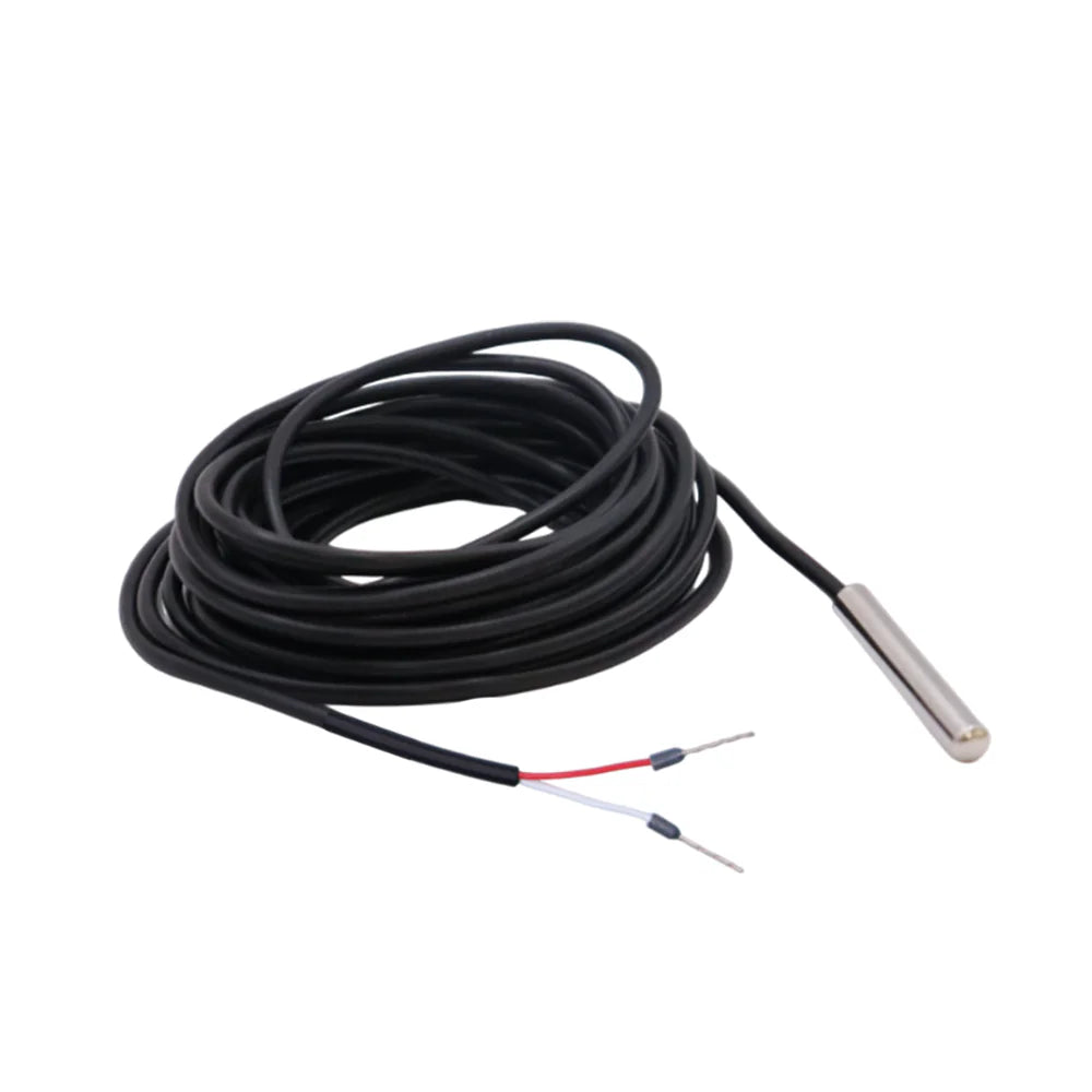 Angled view of coiled temperature sensor cable showing probe and connection wires