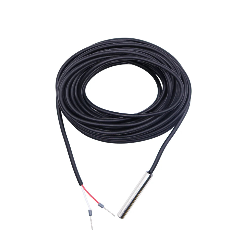 Coiled black temperature sensor cable with stainless steel probe and stripped wire leads