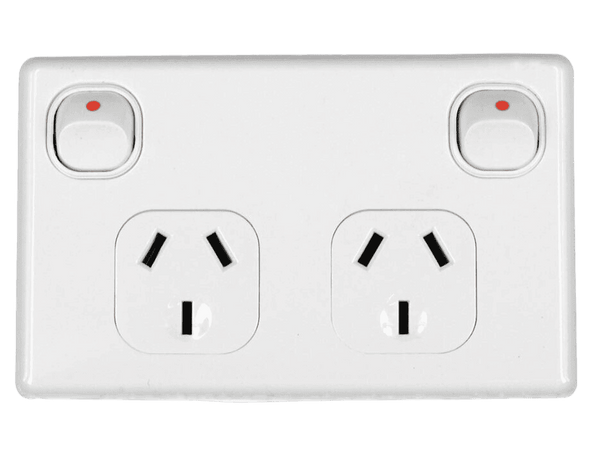 Tesla white double pole 10A double power point GPO with red switch indicators