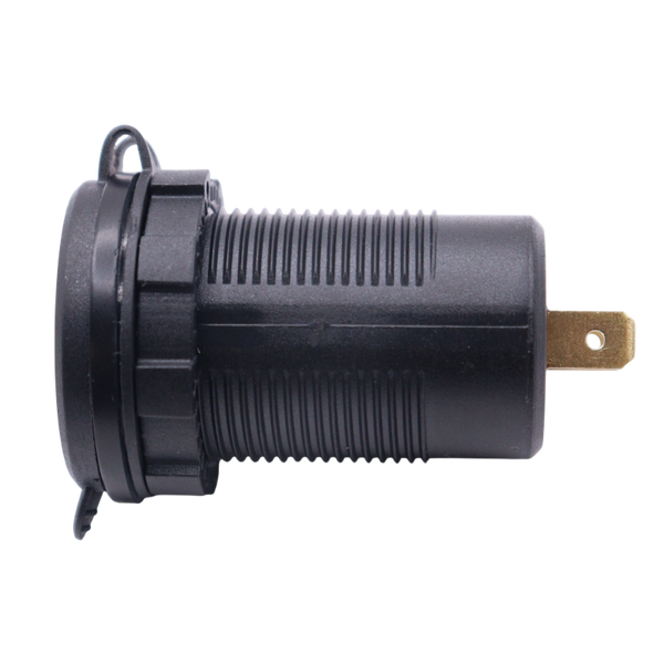 Side profile of flush mount socket body showing threaded housing and rear connection terminals