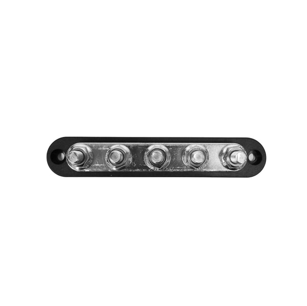 Top-down view of 150A busbar showing five M8 studs on a tin-plated copper plate
