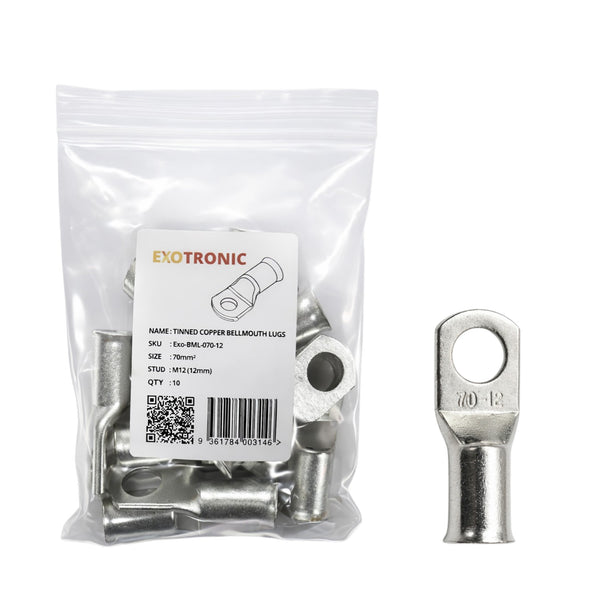 10 pack of tinned copper bellmouth lugs in retail packaging with a single lug displayed beside