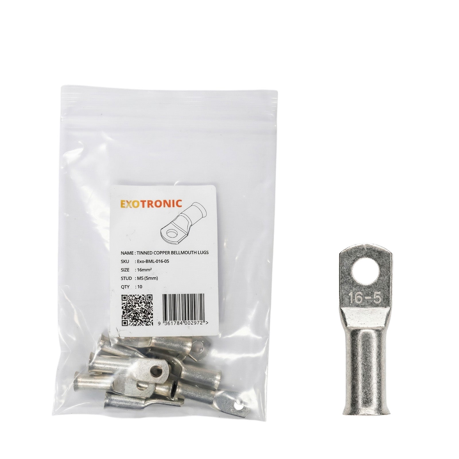 10 pack of Exotronic 16mm2 tinned copper lugs with M5 stud holes in retail packaging