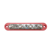 Top-down view of red busbar featuring four M8 studs and six screw terminals on a tin-plated copper plate