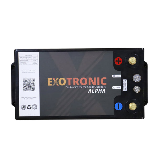 Top-down view of battery showing positive and negative terminals, control buttons and specifications