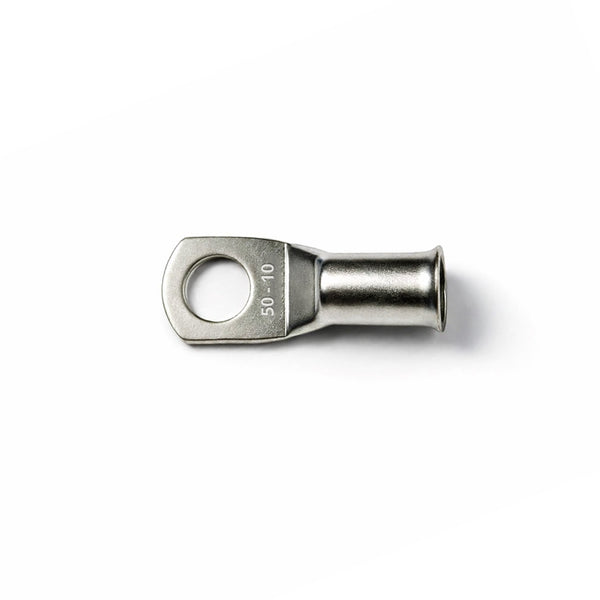 Top-down view of 50mm² M10 copper lug with size identification markings