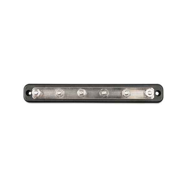 Technical top-down view of a 6-terminal 150A busbar without cover