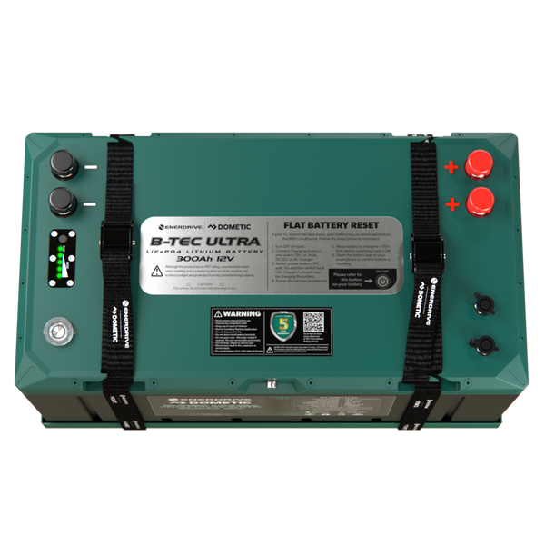 Top view of lithium battery showing M8 terminals, SOC indicator and reset button