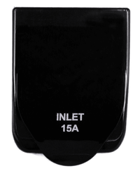 Closed black protective cover of a 15A caravan power inlet with white text reading INLET 15A