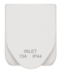 Front view of a white caravan power inlet with the weatherproof cover closed showing IP44 rating