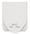 Front view of a white caravan power inlet with the weatherproof cover closed showing IP44 rating