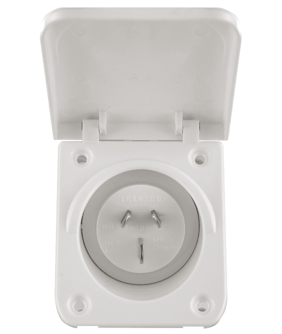 Open white caravan power inlet revealing the 15A 3-pin male connector and mounting holes