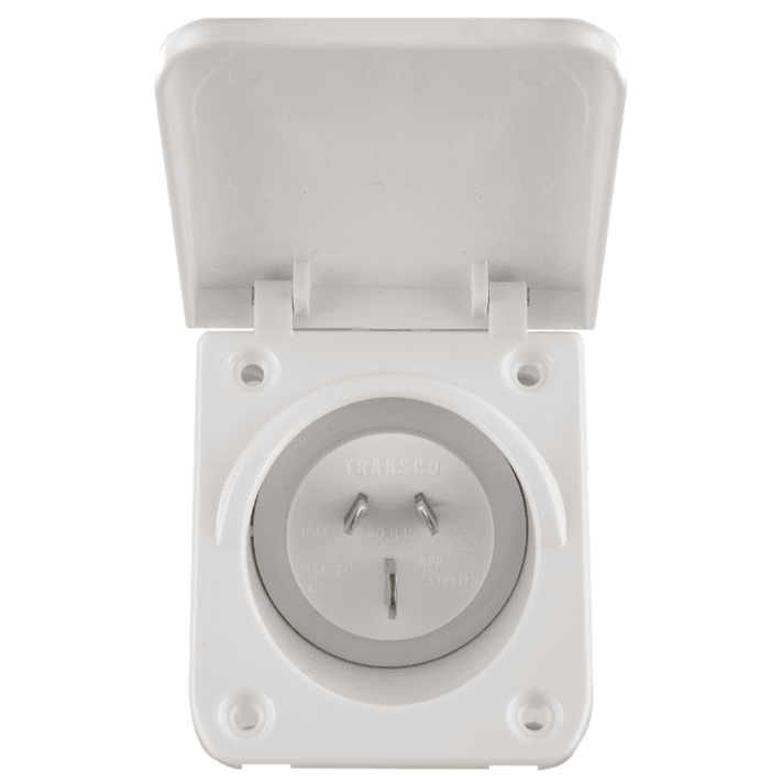 Open white caravan power inlet revealing the 15A 3-pin male connector and mounting holes