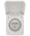 Open white caravan power inlet revealing the 15A 3-pin male connector and mounting holes