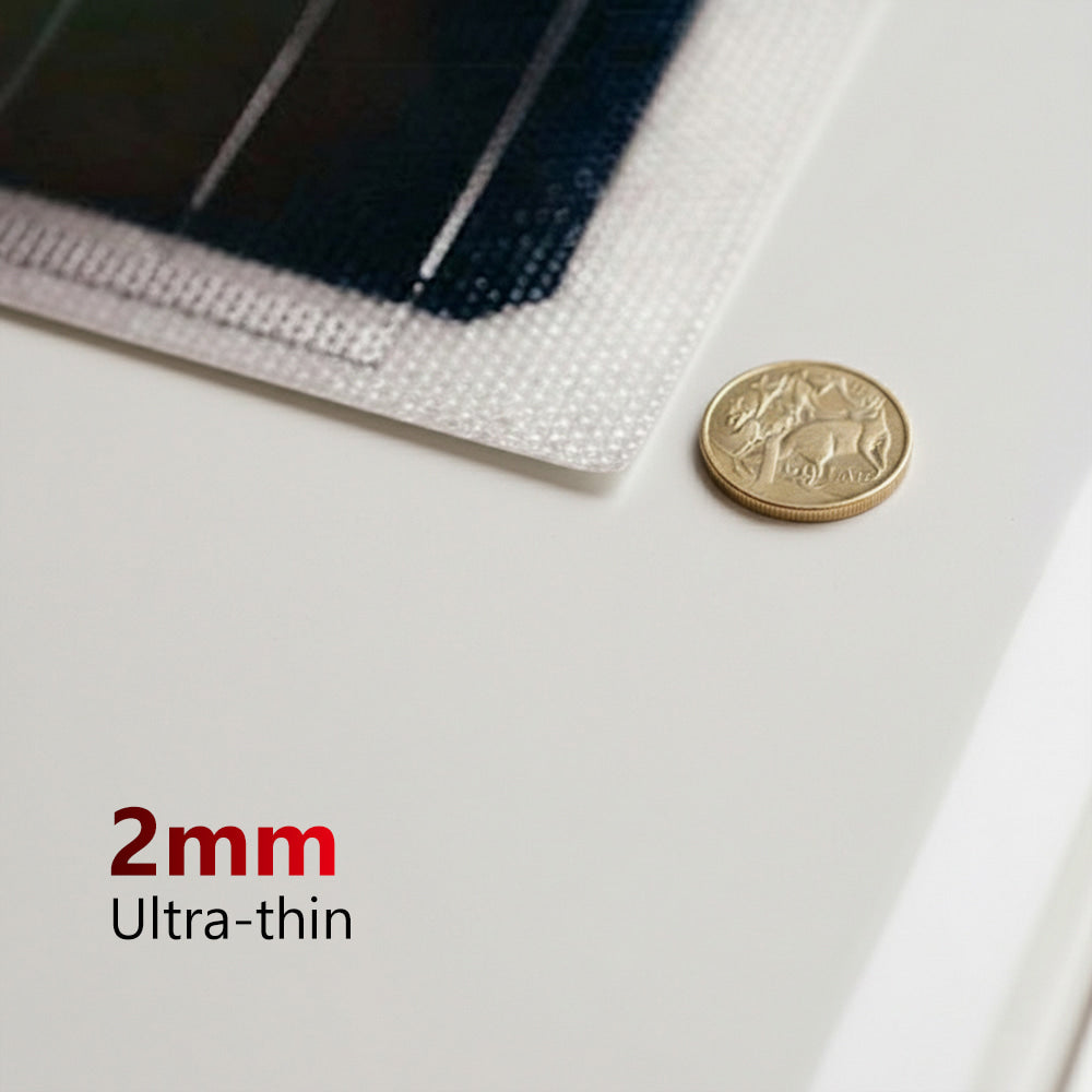 Side view of the 2mm thick solar panel next to a coin for scale