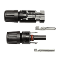 Unassembled Exotronic solar connector pair showing housings, glands and crimp terminals