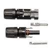 Unassembled Exotronic solar connector pair showing housings, glands and crimp terminals