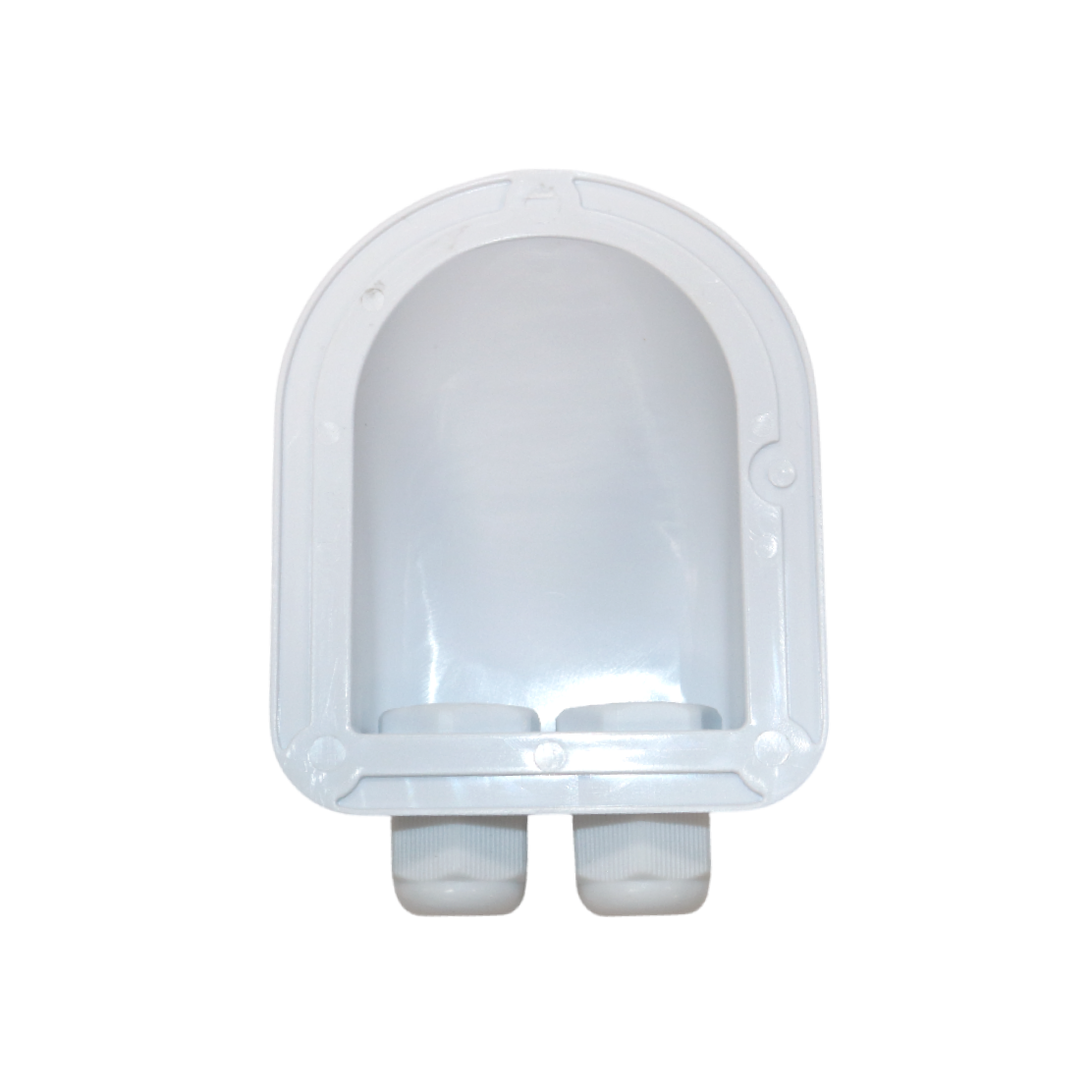Underside view of white cable entry housing showing hollow interior and wide surface area for adhesive application