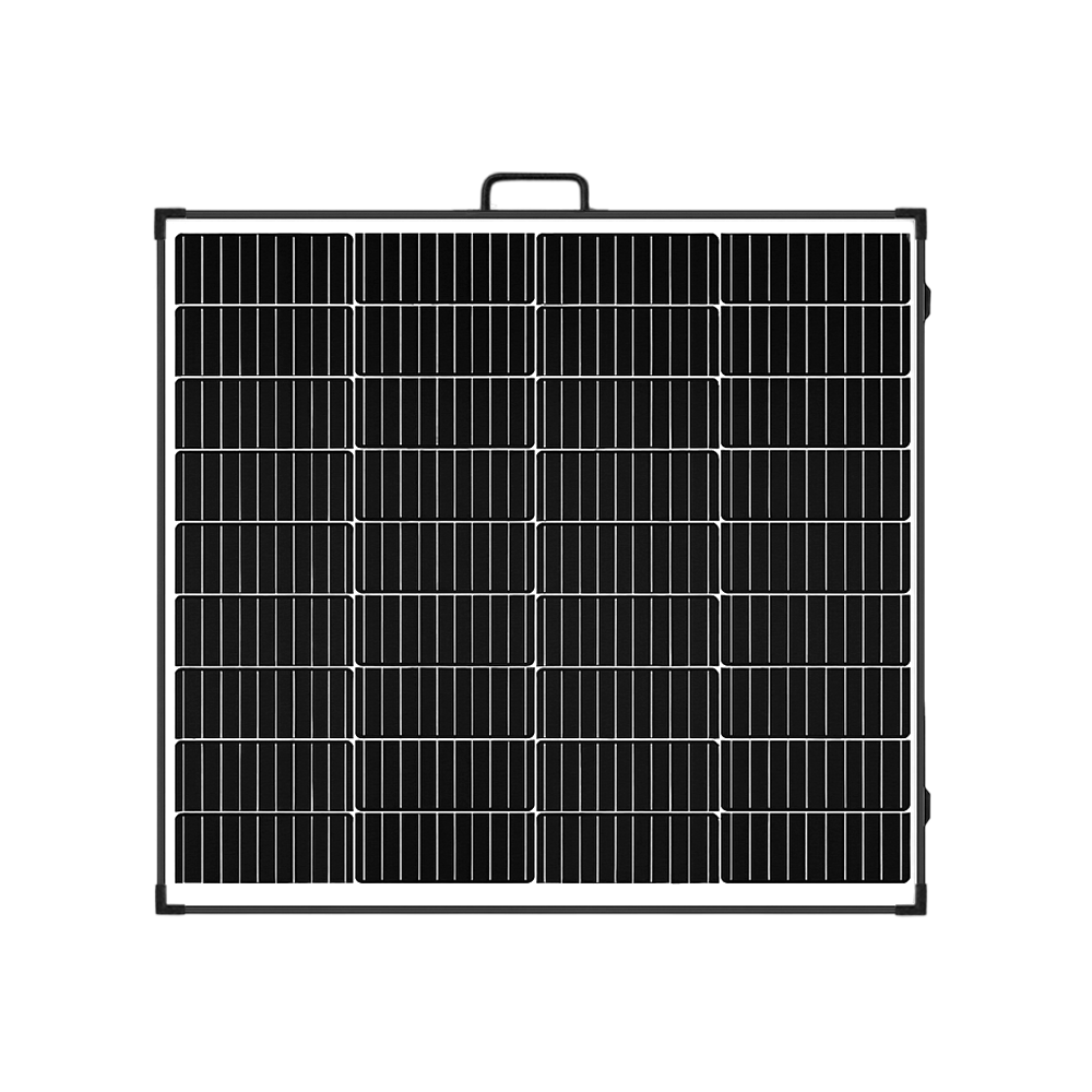 Unfolded 200W solar panel showing monocrystalline cells and black frame