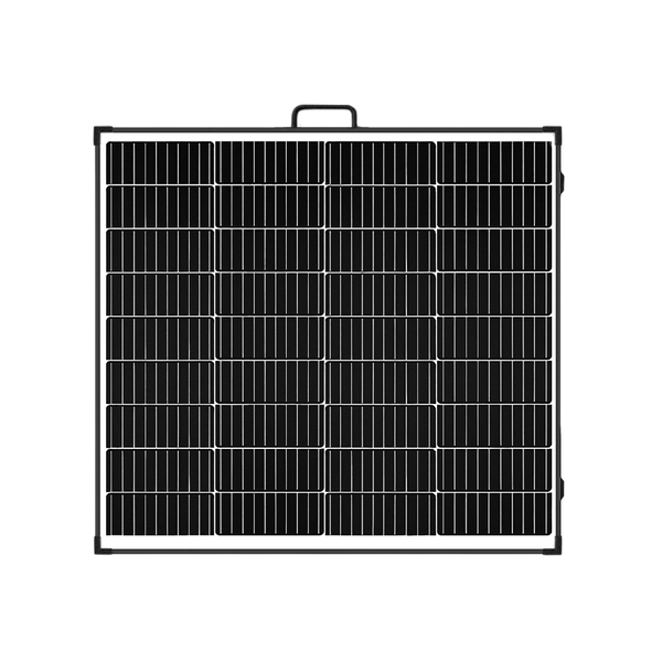 Unfolded 200W solar panel showing monocrystalline cells and black frame